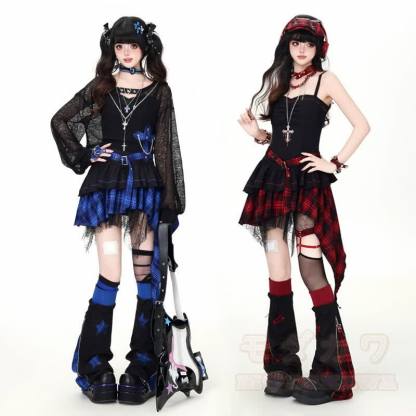 Gothic-Mesh-Langarmtop und unregelmäßig kariertes Kleid, zweiteiliges Set - image 1