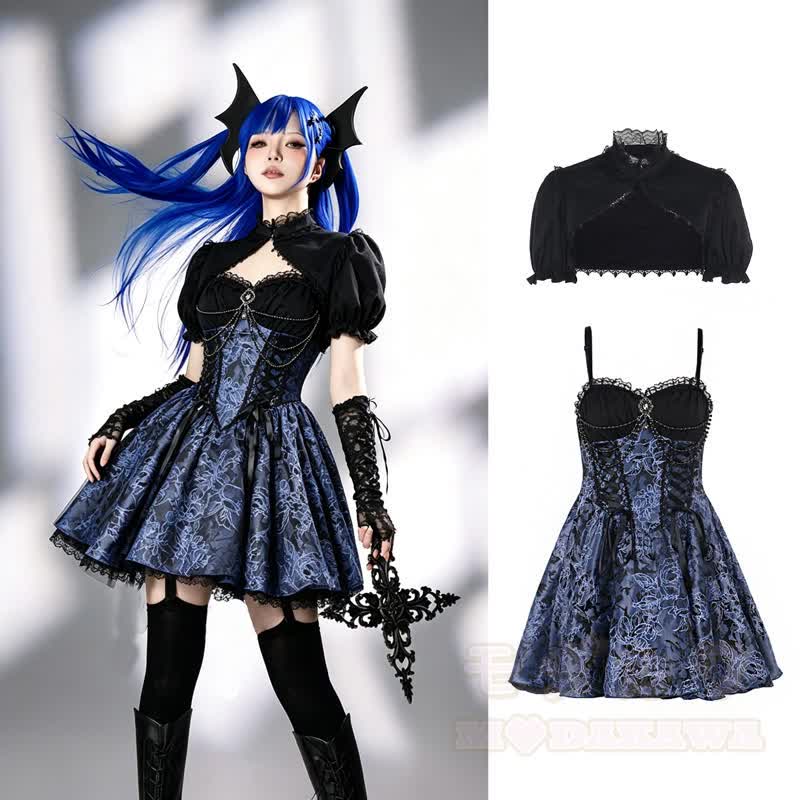 Gothic-Spitzenoberteil mit Puffärmeln, floral bedrucktes Trägerkleid, zweiteiliges Set - Satz - L - image 1