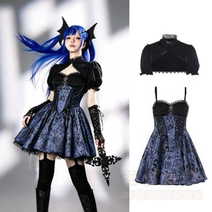 Gothic-Spitzenoberteil mit Puffärmeln, floral bedrucktes Trägerkleid, zweiteiliges Set - Satz - L - image 1