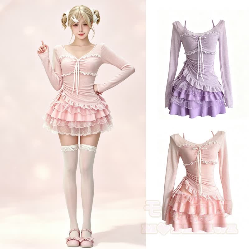 Süßes, gerafftes Langarm-Top aus Spitze, gestuftes Kleid, zweiteiliges Set - image 1
