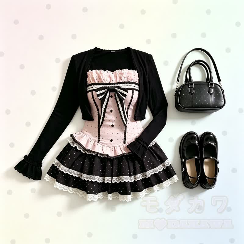 Süßes Schleifen-Polka-Dot-Top, langärmlige Strickjacke und gestufter Spitzenrock, dreiteiliges Set - image 1