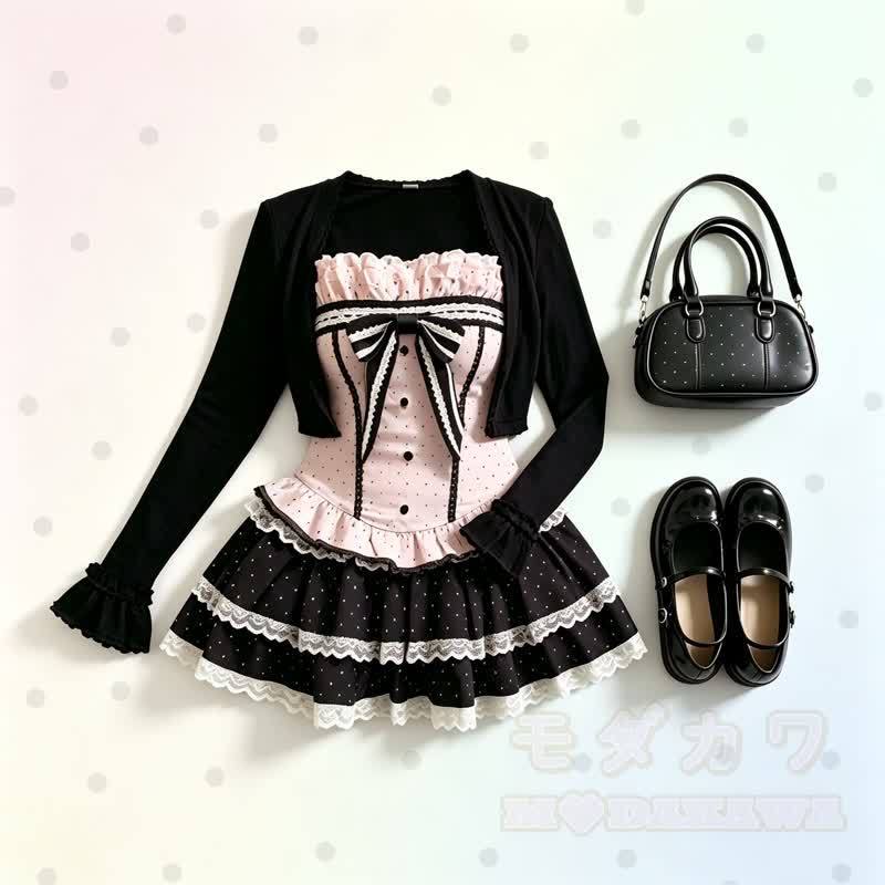 Süßes Schleifen-Polka-Dot-Top, langärmlige Strickjacke und gestufter Spitzenrock, dreiteiliges Set - image 1