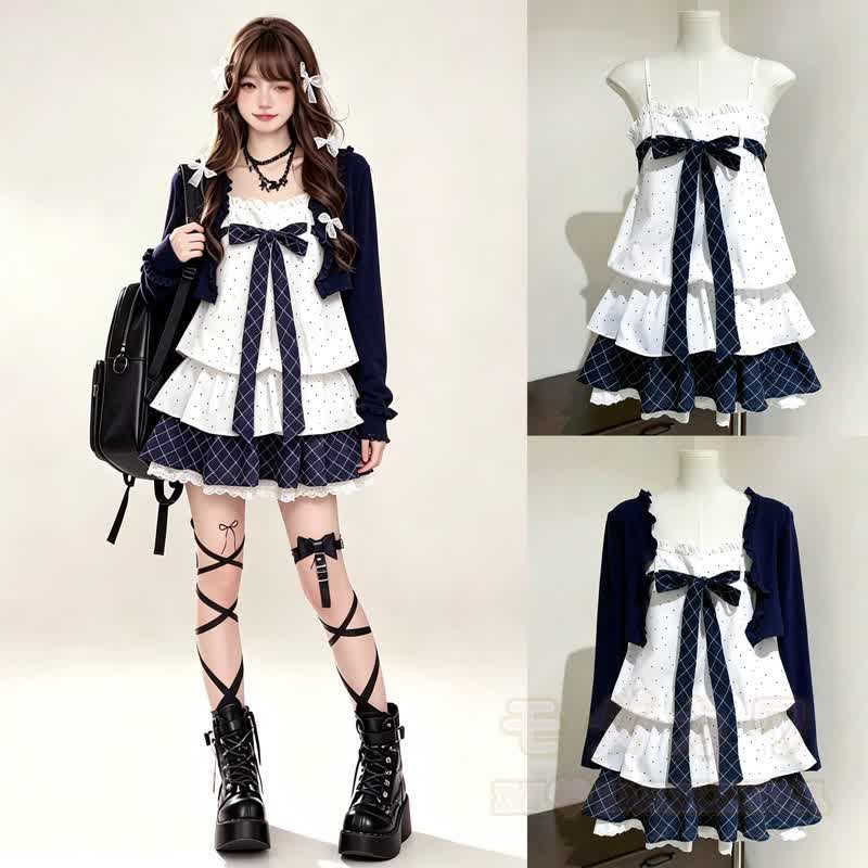 Zweiteiliges Set: Langarm-Cardigan mit Polka-Dots und Schleife, Topkleid mit Stufenrock - image 1