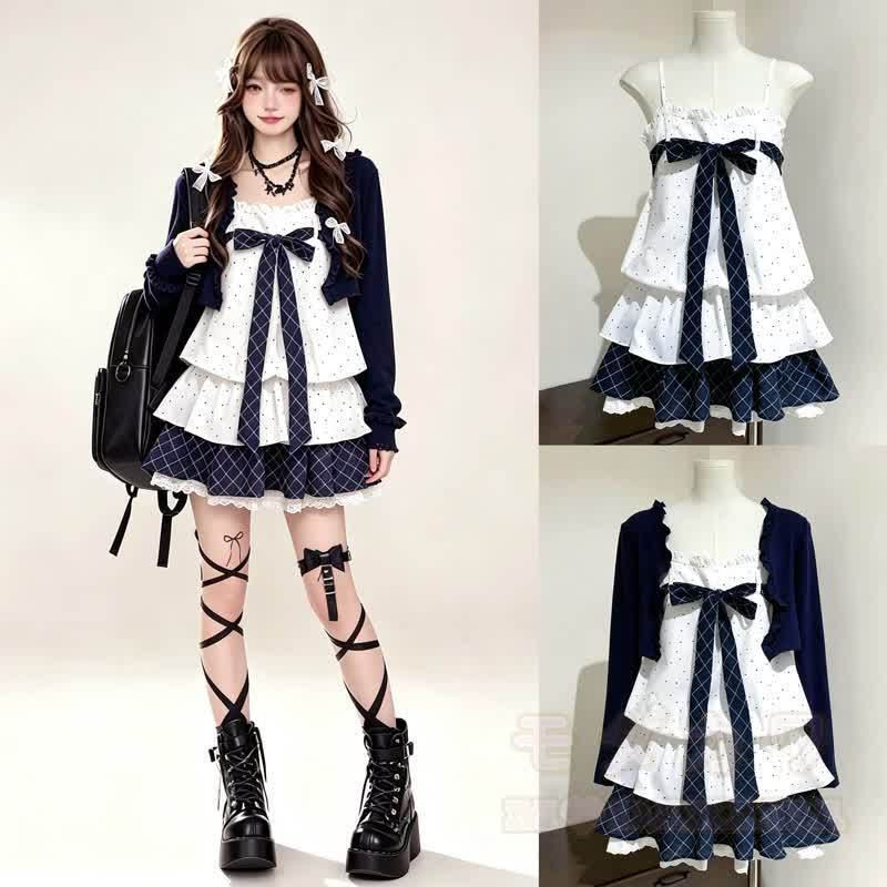 Zweiteiliges Set: Langarm-Cardigan mit Polka-Dots und Schleife, Topkleid mit Stufenrock - image 1