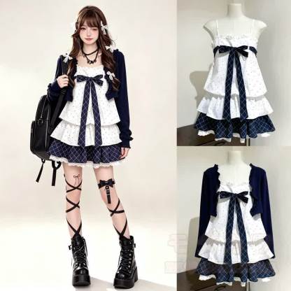 Zweiteiliges Set: Langarm-Cardigan mit Polka-Dots und Schleife, Topkleid mit Stufenrock - image 1