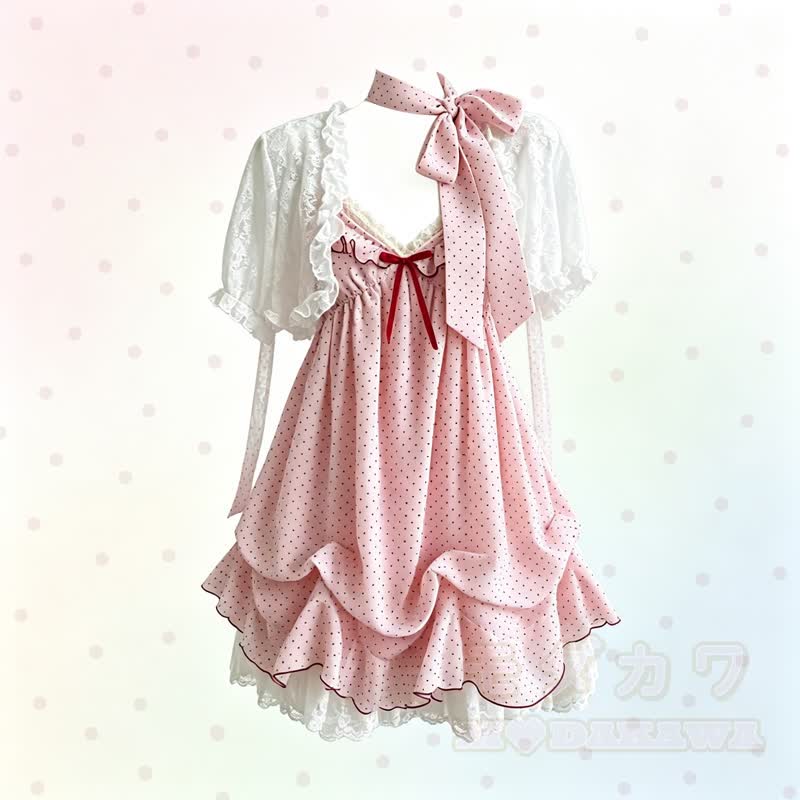Vintage-Spitzen-Cardigan mit kurzen Ärmeln, gepunktetes Kleid, zweiteiliges Set - image 1