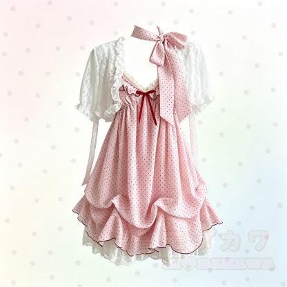 Vintage-Spitzen-Cardigan mit kurzen Ärmeln, gepunktetes Kleid, zweiteiliges Set - image 1