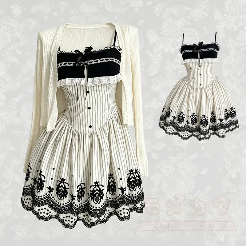 Elegantes zweiteiliges Set: Strickcardigan mit langen Ärmeln, Spitzenstickerei, Schleife und Kleid - image 1