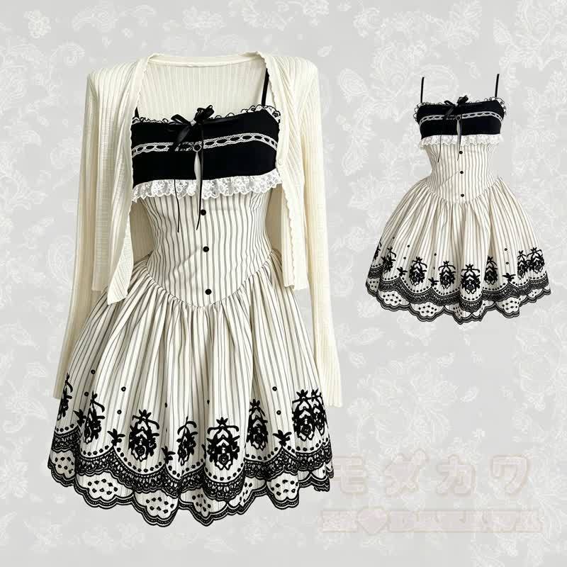 Elegantes zweiteiliges Set: Strickcardigan mit langen Ärmeln, Spitzenstickerei, Schleife und Kleid - image 1