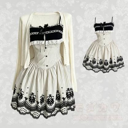 Elegantes zweiteiliges Set: Strickcardigan mit langen Ärmeln, Spitzenstickerei, Schleife und Kleid - image 1