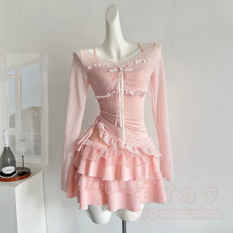 Süßes, gerafftes Langarm-Top aus Spitze, gestuftes Kleid, zweiteiliges Set - Rosa Set - L - image 3