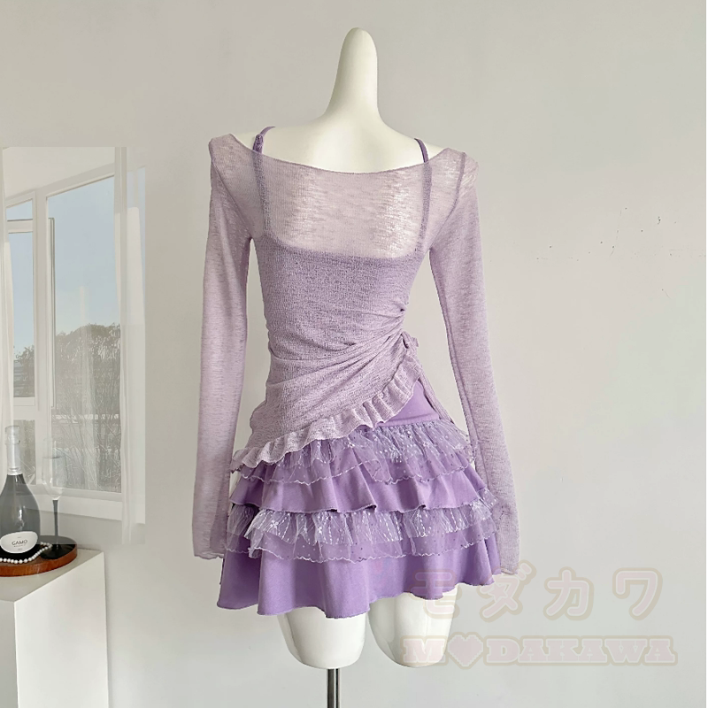 Süßes, gerafftes Langarm-Top aus Spitze, gestuftes Kleid, zweiteiliges Set - image 7