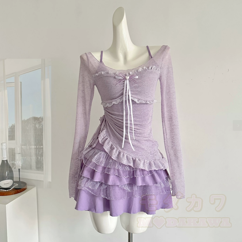 Süßes, gerafftes Langarm-Top aus Spitze, gestuftes Kleid, zweiteiliges Set - Lila Set - L - image 6