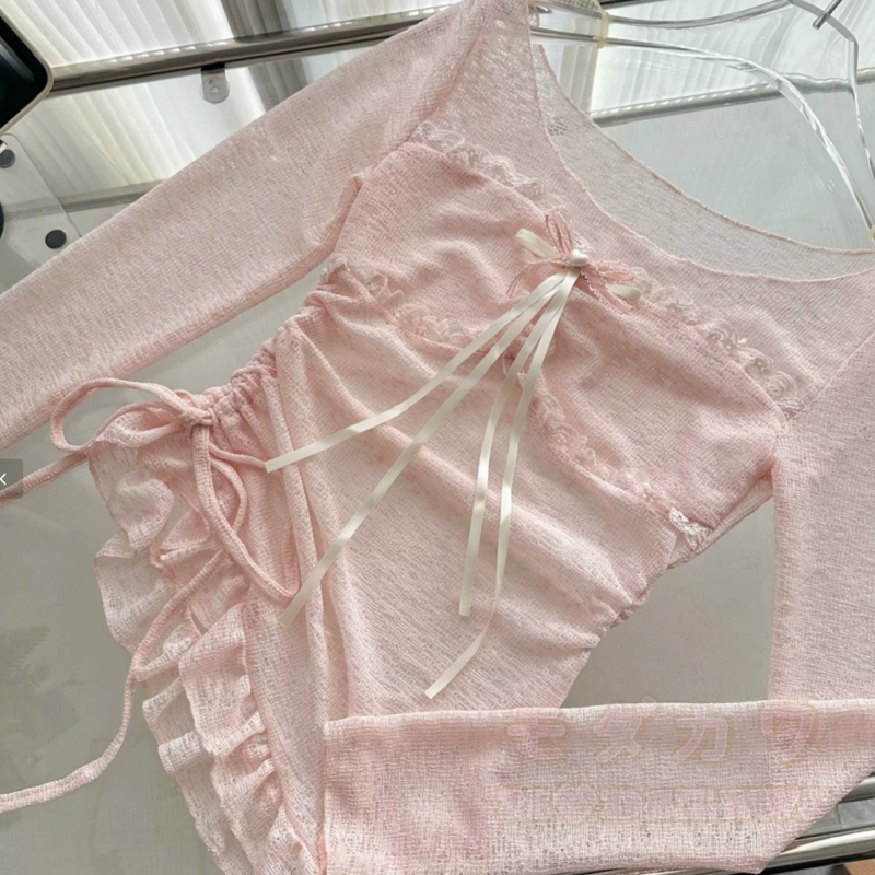Süßes, gerafftes Langarm-Top aus Spitze, gestuftes Kleid, zweiteiliges Set - image 5