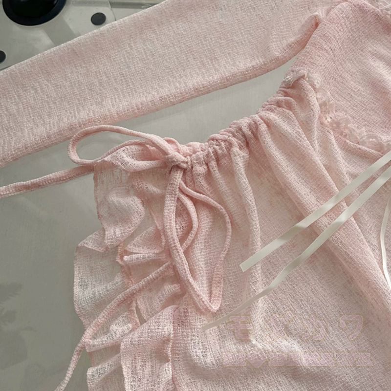 Süßes, gerafftes Langarm-Top aus Spitze, gestuftes Kleid, zweiteiliges Set - image 4