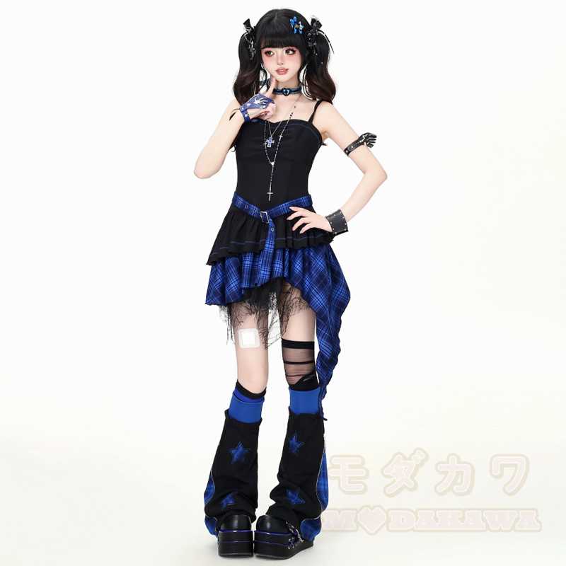 Gothic-Mesh-Langarmtop und unregelmäßig kariertes Kleid, zweiteiliges Set - image 2