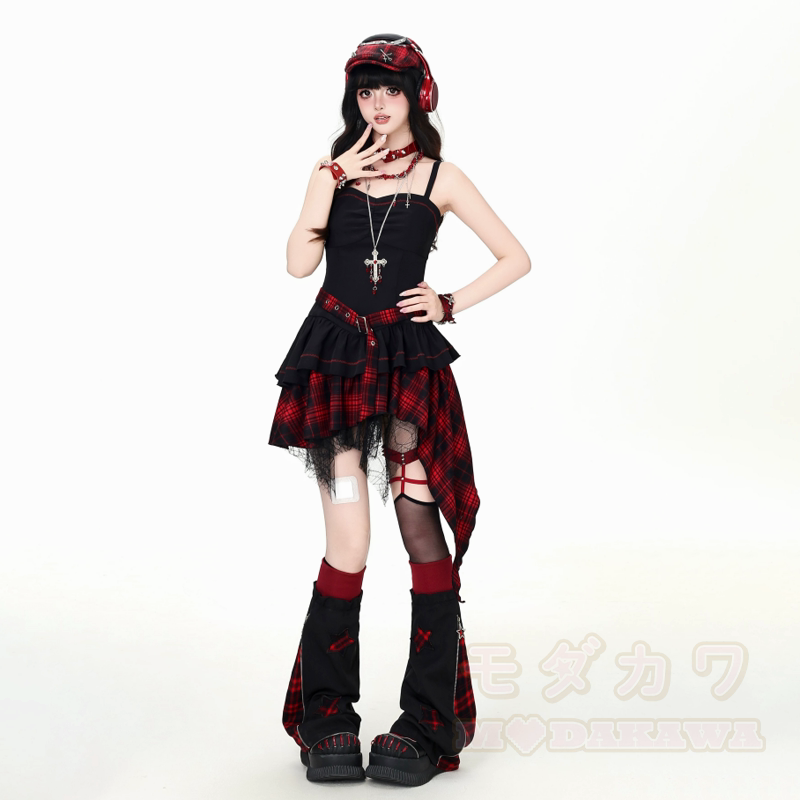 Gothic-Mesh-Langarmtop und unregelmäßig kariertes Kleid, zweiteiliges Set - image 9