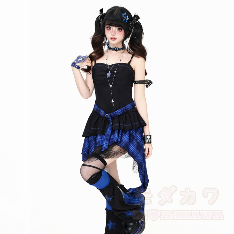 Gothic-Mesh-Langarmtop und unregelmäßig kariertes Kleid, zweiteiliges Set - Blaues Kleid - XL - image 3
