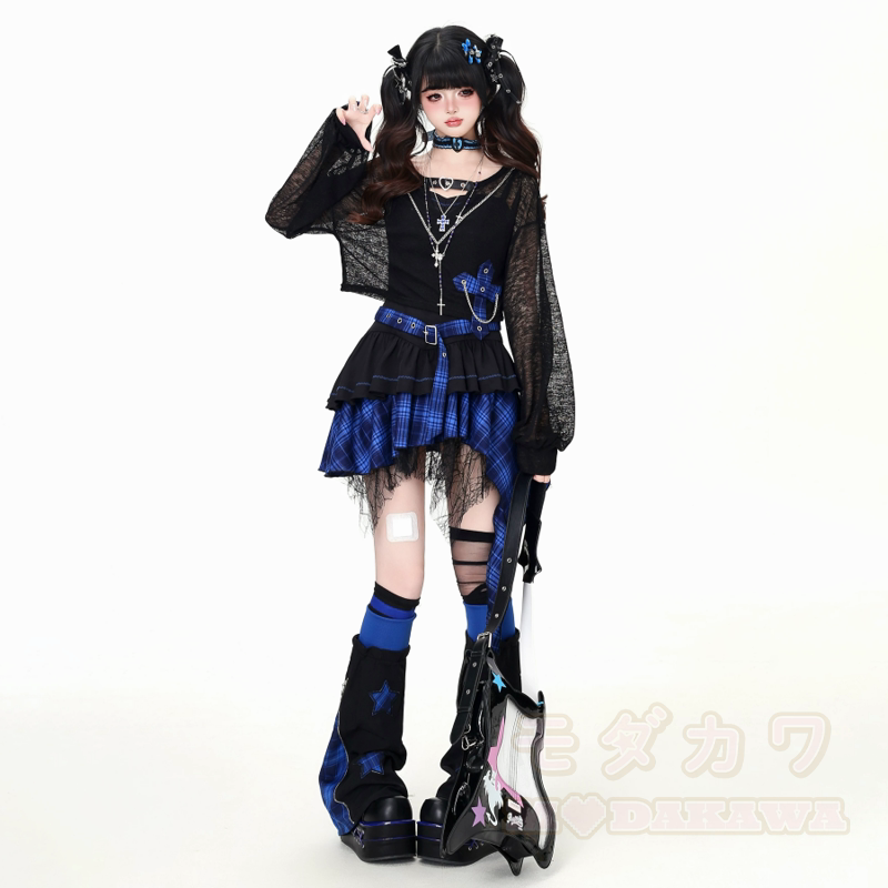 Gothic-Mesh-Langarmtop und unregelmäßig kariertes Kleid, zweiteiliges Set - image 5