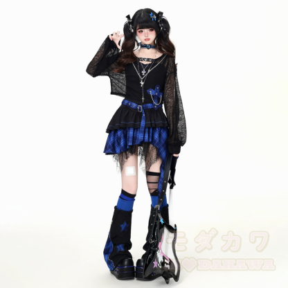Gothic-Mesh-Langarmtop und unregelmäßig kariertes Kleid, zweiteiliges Set - image 5