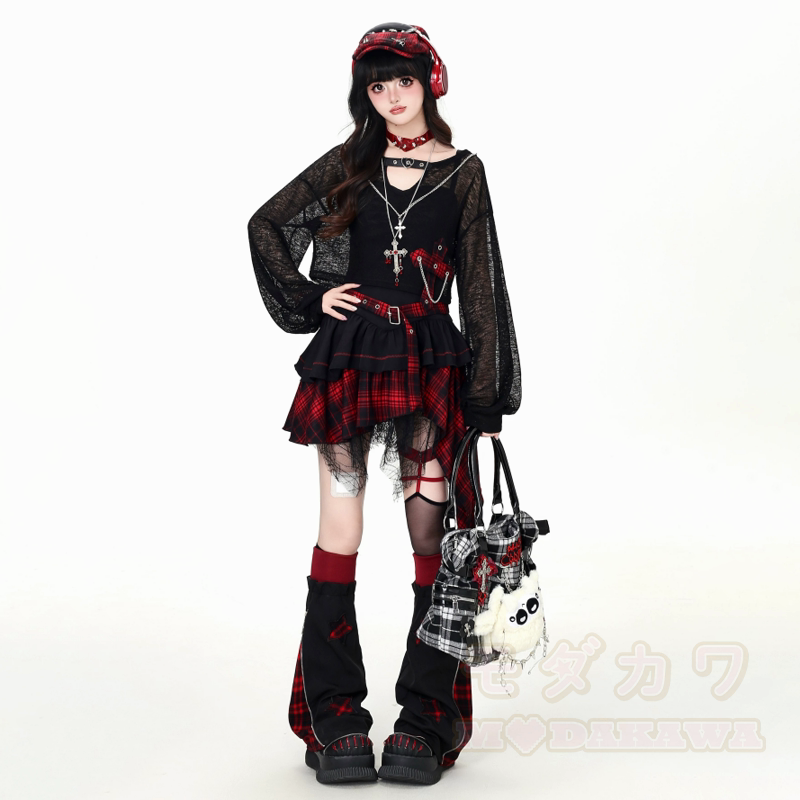 Gothic-Mesh-Langarmtop und unregelmäßig kariertes Kleid, zweiteiliges Set - Rotes Set - XL - image 8