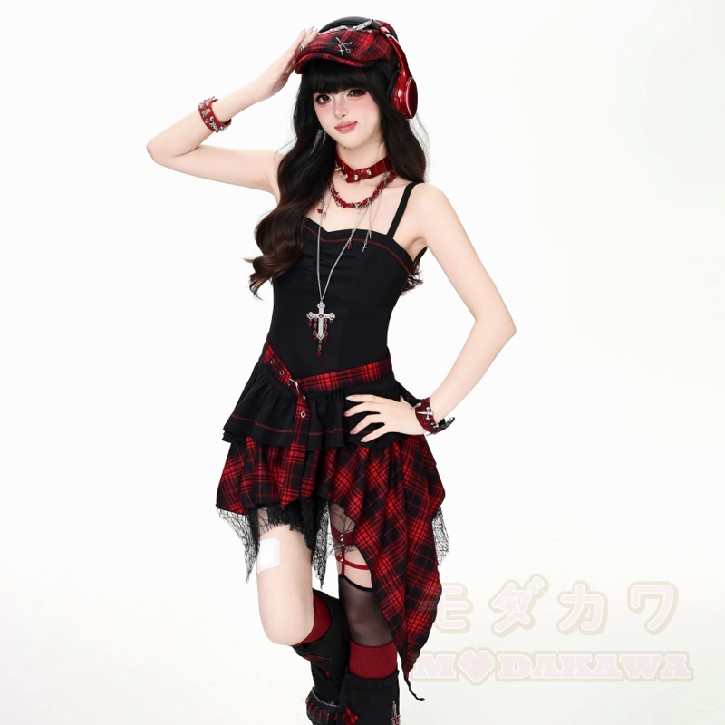 Gothic-Mesh-Langarmtop und unregelmäßig kariertes Kleid, zweiteiliges Set - Rotes Kleid - XL - image 10