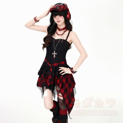 Gothic-Mesh-Langarmtop und unregelmäßig kariertes Kleid, zweiteiliges Set - Rotes Kleid - XL - image 10