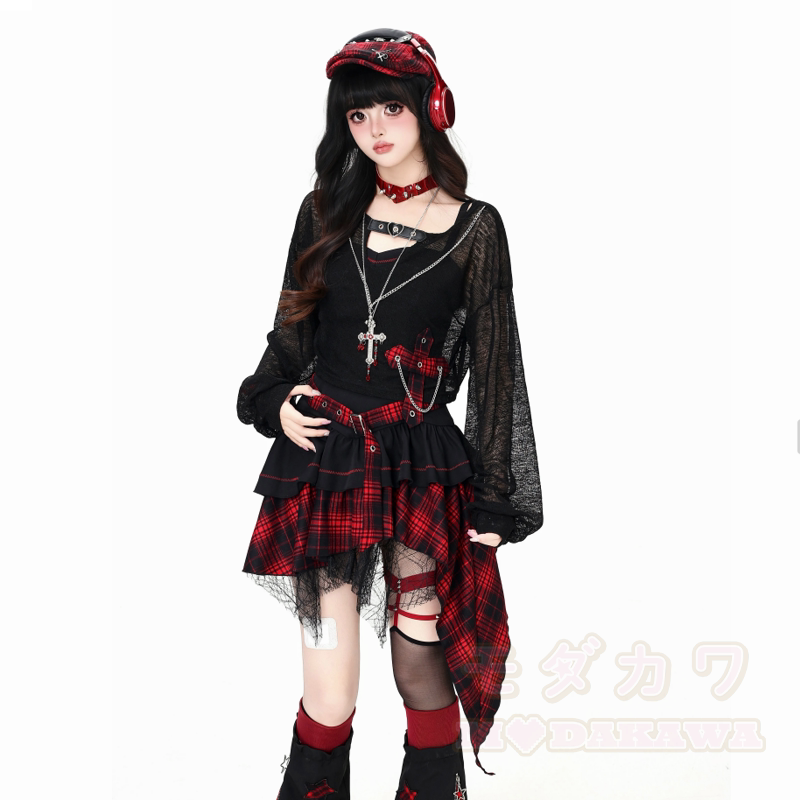 Gothic-Mesh-Langarmtop und unregelmäßig kariertes Kleid, zweiteiliges Set - Red Top - XL - image 12