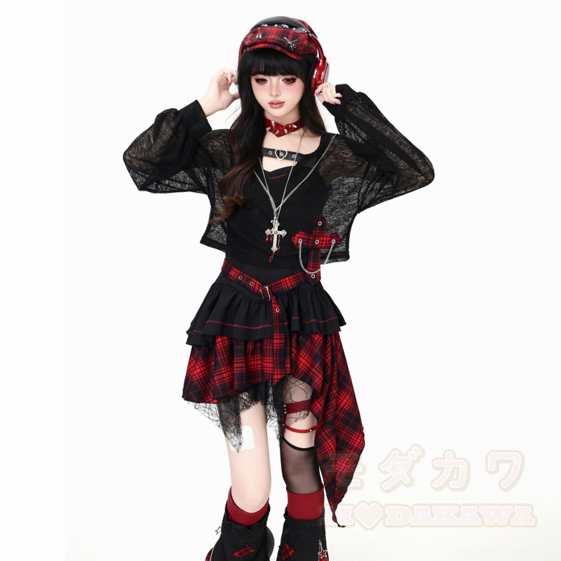 Gothic-Mesh-Langarmtop und unregelmäßig kariertes Kleid, zweiteiliges Set - image 11