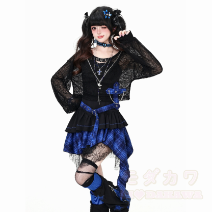 Gothic-Mesh-Langarmtop und unregelmäßig kariertes Kleid, zweiteiliges Set - Blaues Set - XL - image 6