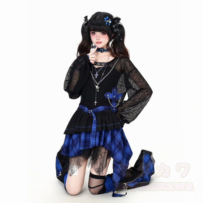 Gothic-Mesh-Langarmtop und unregelmäßig kariertes Kleid, zweiteiliges Set - Blaues Oberteil - XL - image 7