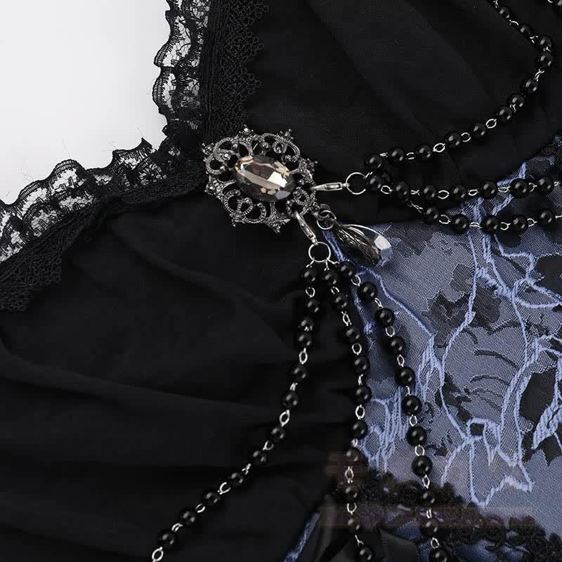 Gothic-Spitzenoberteil mit Puffärmeln, floral bedrucktes Trägerkleid, zweiteiliges Set - image 12