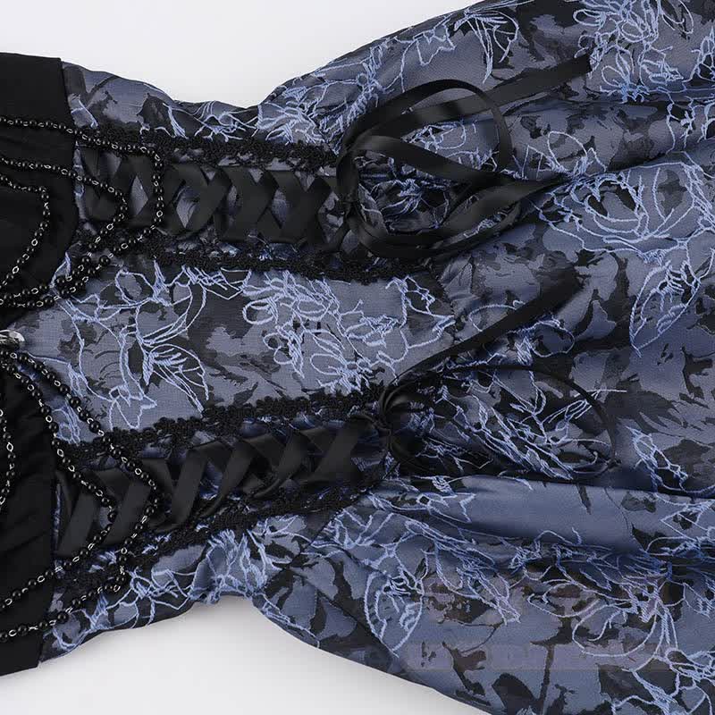 Gothic-Spitzenoberteil mit Puffärmeln, floral bedrucktes Trägerkleid, zweiteiliges Set - image 7