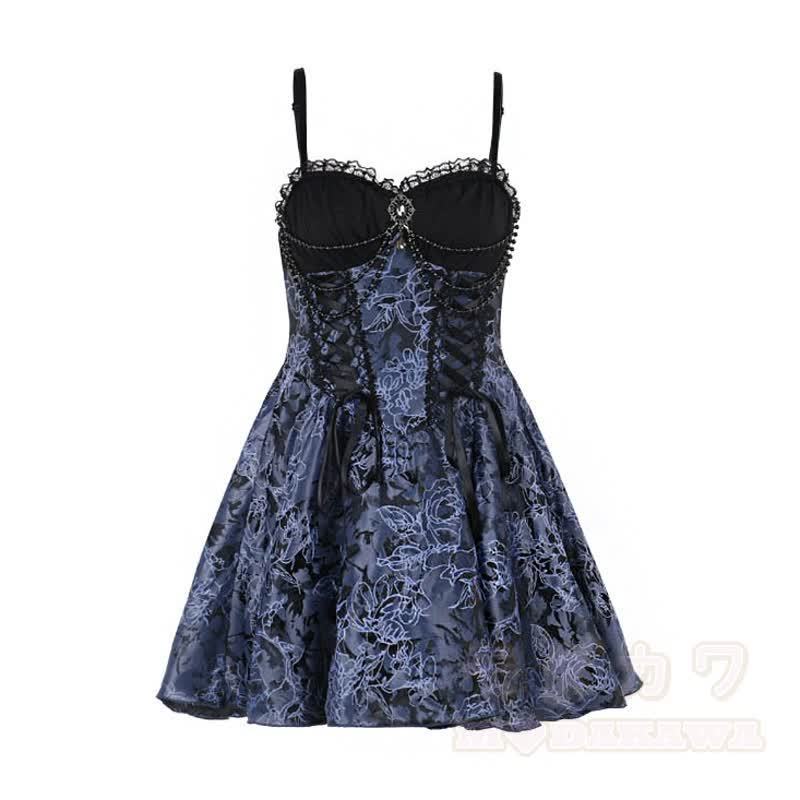 Gothic-Spitzenoberteil mit Puffärmeln, floral bedrucktes Trägerkleid, zweiteiliges Set - Kleid - L - image 5