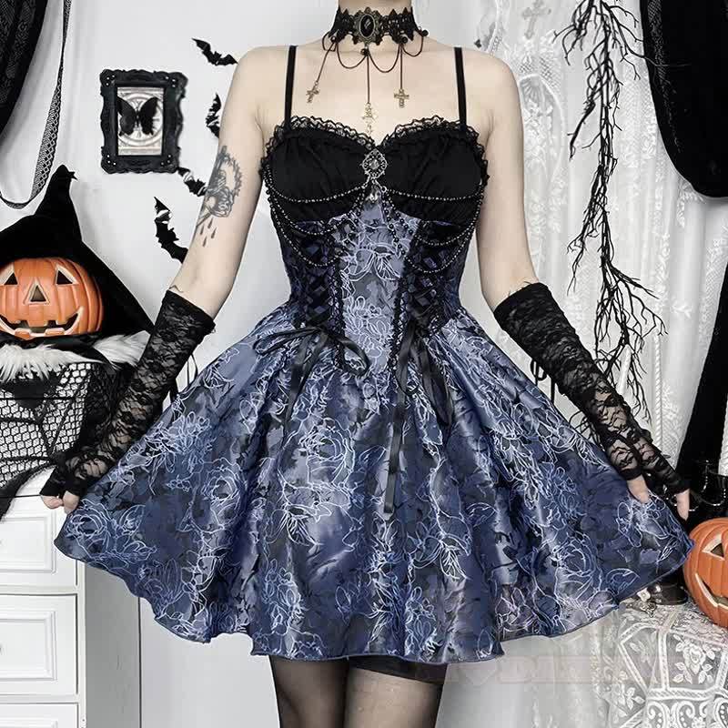 Gothic-Spitzenoberteil mit Puffärmeln, floral bedrucktes Trägerkleid, zweiteiliges Set - image 2