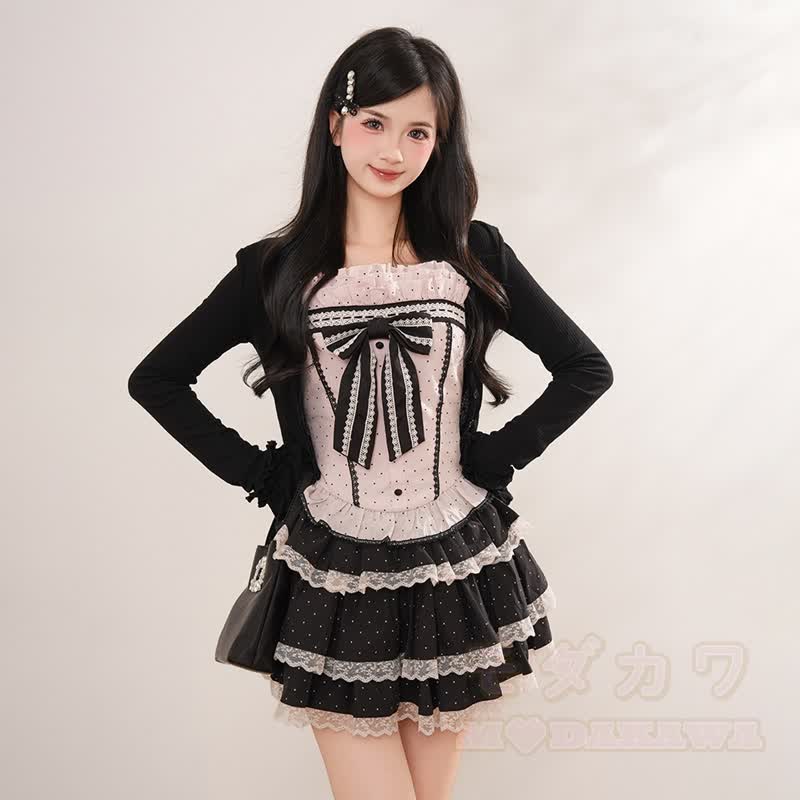 Süßes Schleifen-Polka-Dot-Top, langärmlige Strickjacke und gestufter Spitzenrock, dreiteiliges Set - image 3