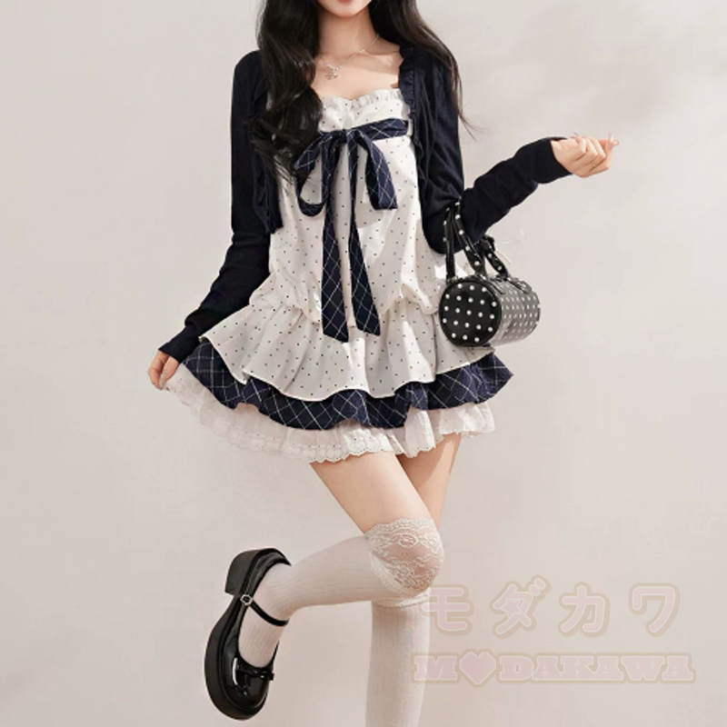 Zweiteiliges Set: Langarm-Cardigan mit Polka-Dots und Schleife, Topkleid mit Stufenrock - image 7