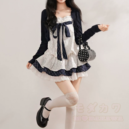 Zweiteiliges Set: Langarm-Cardigan mit Polka-Dots und Schleife, Topkleid mit Stufenrock - image 7