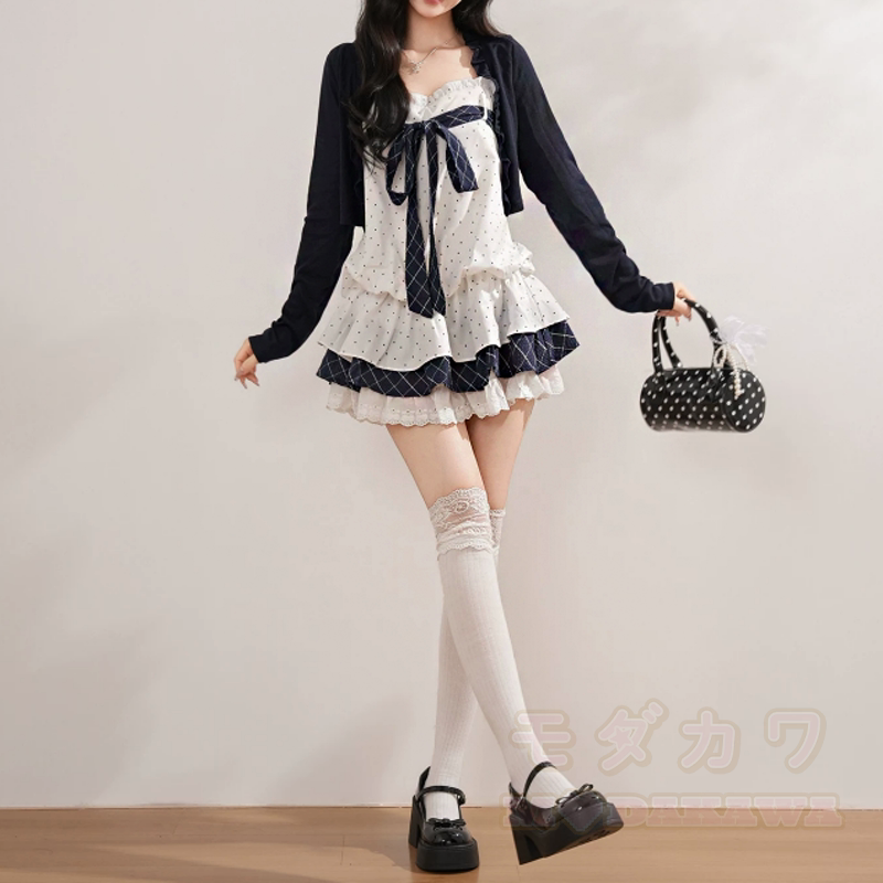 Zweiteiliges Set: Langarm-Cardigan mit Polka-Dots und Schleife, Topkleid mit Stufenrock - image 8