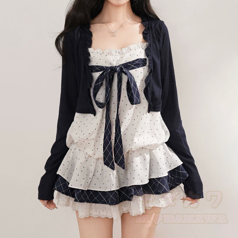 Zweiteiliges Set: Langarm-Cardigan mit Polka-Dots und Schleife, Topkleid mit Stufenrock - Strickjacke - XL - image 6