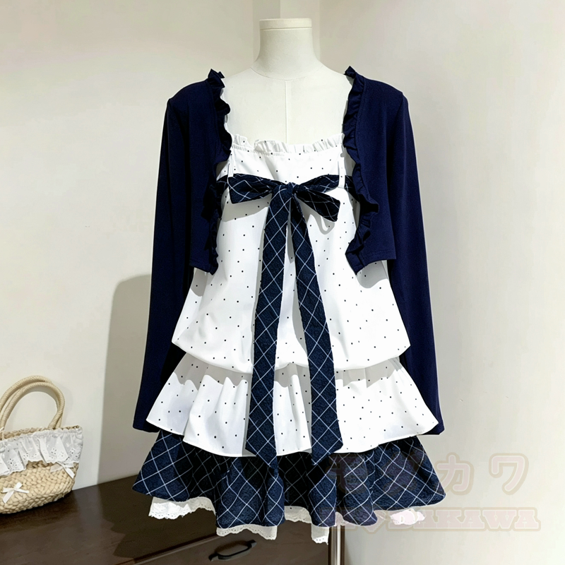 Zweiteiliges Set: Langarm-Cardigan mit Polka-Dots und Schleife, Topkleid mit Stufenrock - Satz - XL - image 3
