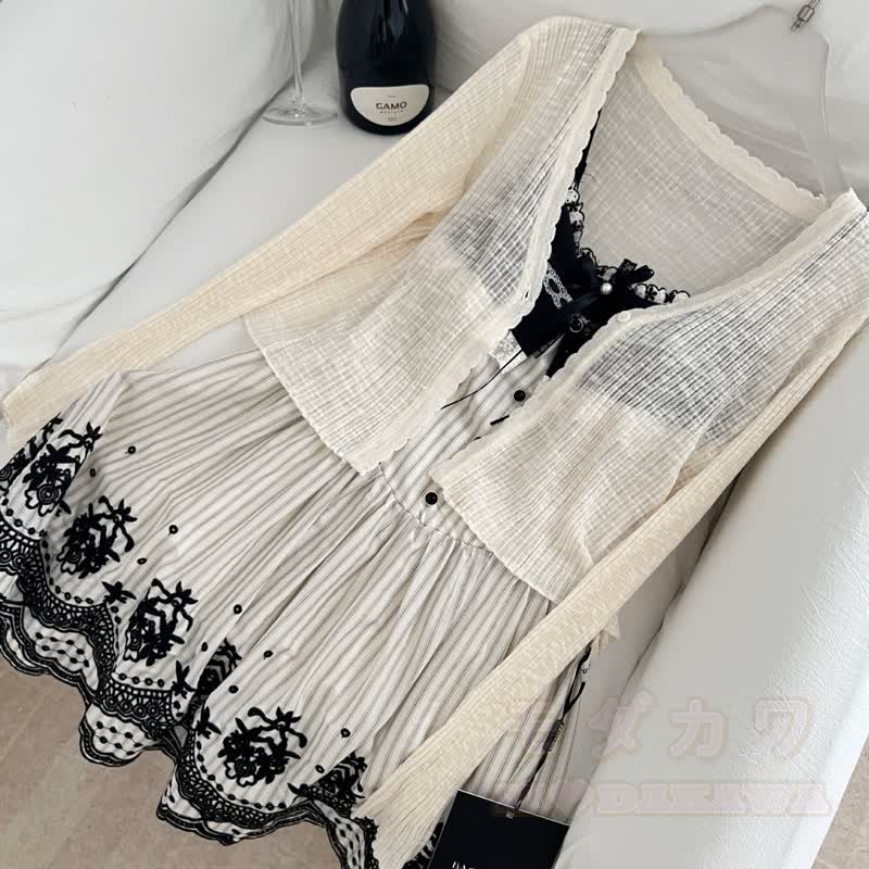 Elegantes zweiteiliges Set: Strickcardigan mit langen Ärmeln, Spitzenstickerei, Schleife und Kleid - Strickjacke - L - image 5