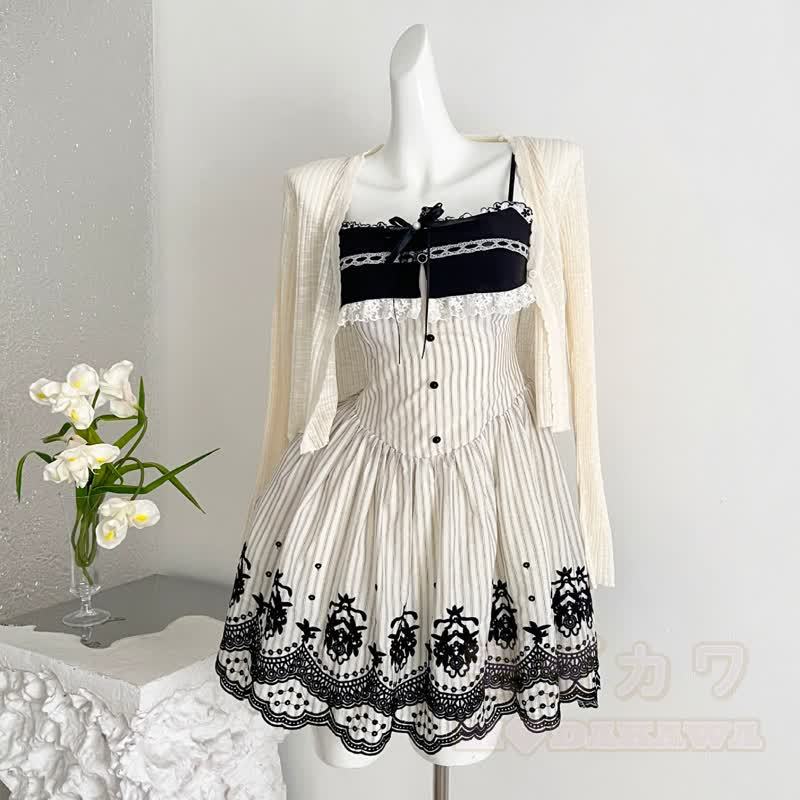 Elegantes zweiteiliges Set: Strickcardigan mit langen Ärmeln, Spitzenstickerei, Schleife und Kleid - image 2