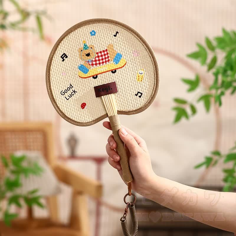 Niedlicher, handgewebter Strohfächer mit Tiermotiven im Cartoon-Stil und Umhängeband - Braun - image 4