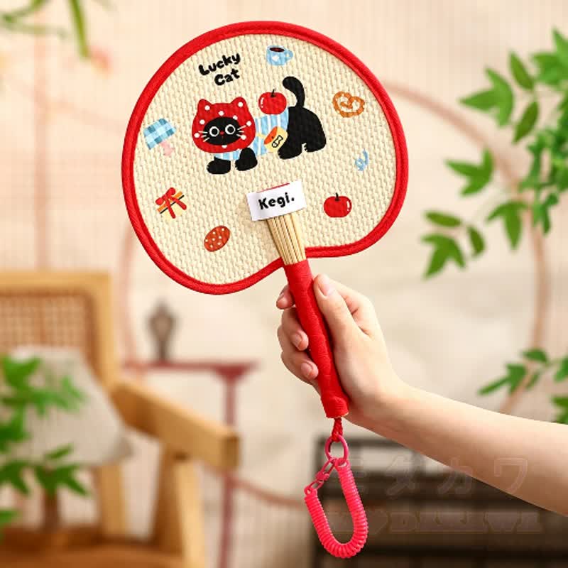 Niedlicher, handgewebter Strohfächer mit Tiermotiven im Cartoon-Stil und Umhängeband - Rot - image 3
