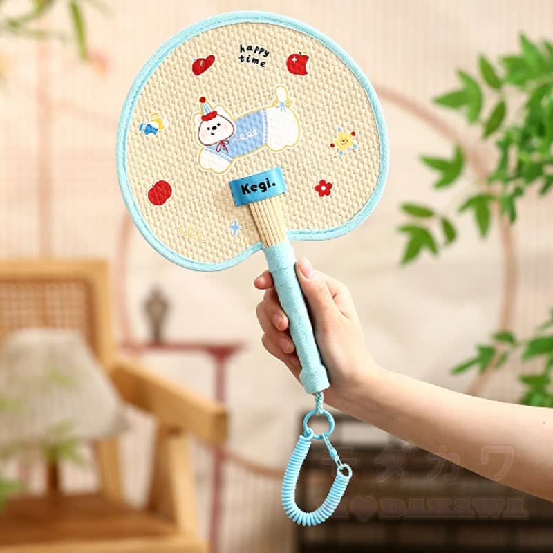 Niedlicher, handgewebter Strohfächer mit Tiermotiven im Cartoon-Stil und Umhängeband - Blau - image 2