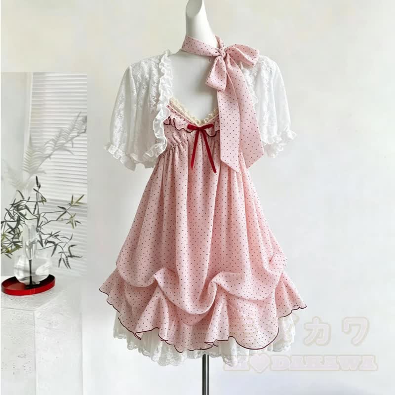 Vintage-Spitzen-Cardigan mit kurzen Ärmeln, gepunktetes Kleid, zweiteiliges Set - image 3