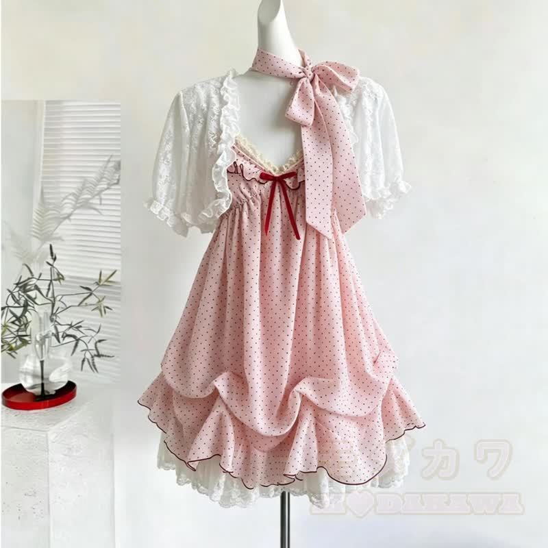 Vintage-Spitzen-Cardigan mit kurzen Ärmeln, gepunktetes Kleid, zweiteiliges Set - image 3