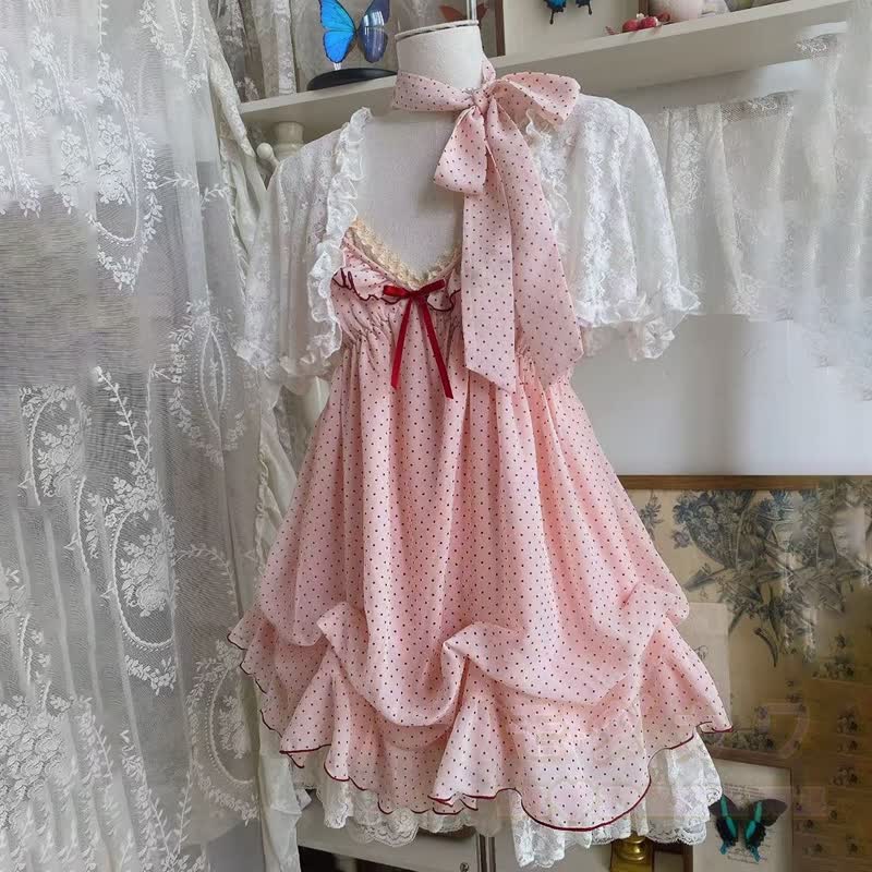 Vintage-Spitzen-Cardigan mit kurzen Ärmeln, gepunktetes Kleid, zweiteiliges Set - image 5