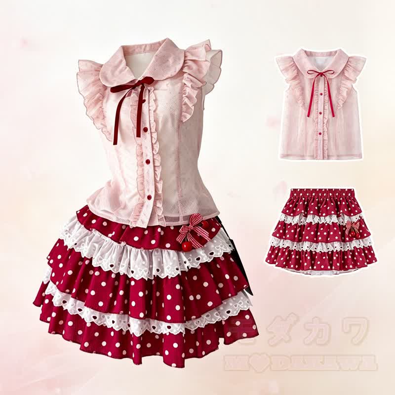 Zweiteiliges Set: Ärmelloses Top mit Schleife, gepunkteter Stufenrock aus Spitze und passendes Oberteil mit Polka-Dots. - image 1